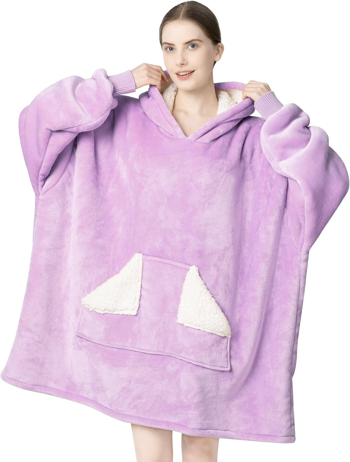 Touchat Wearable Blanket Hoodie for Adults – Oversized Sherpa Fleece Sweatshirt Blanket with Hood, Sleeves & Giant Front Pocket, Ultra-Warm Cozy Grey Gift for Women