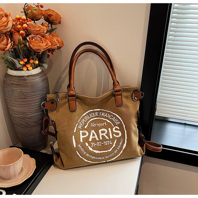 Vintage Paris Stamp Print Shoulder Bag – Women’s Crossbody Handbag with Adjustable Strap