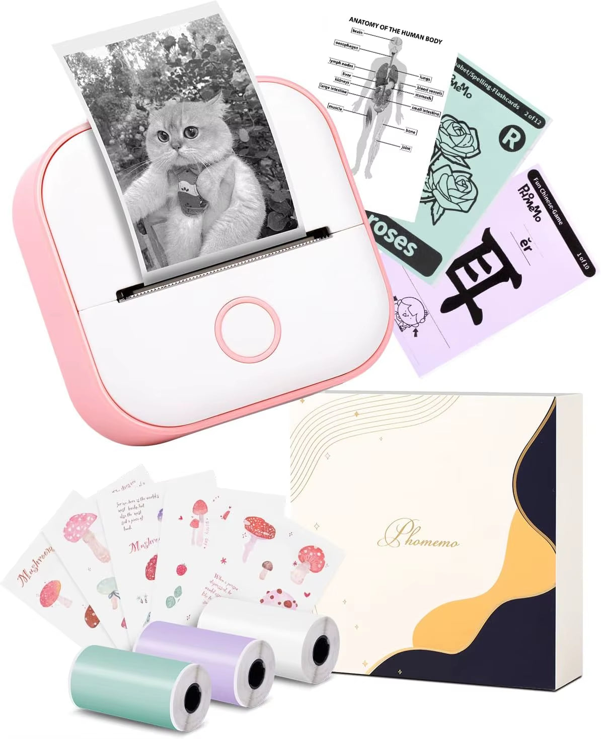 T02 Mini Portable Printer: Compact Sticker Printer with 3 Rolls of Paper for Photos, Journals, and DIY Projects