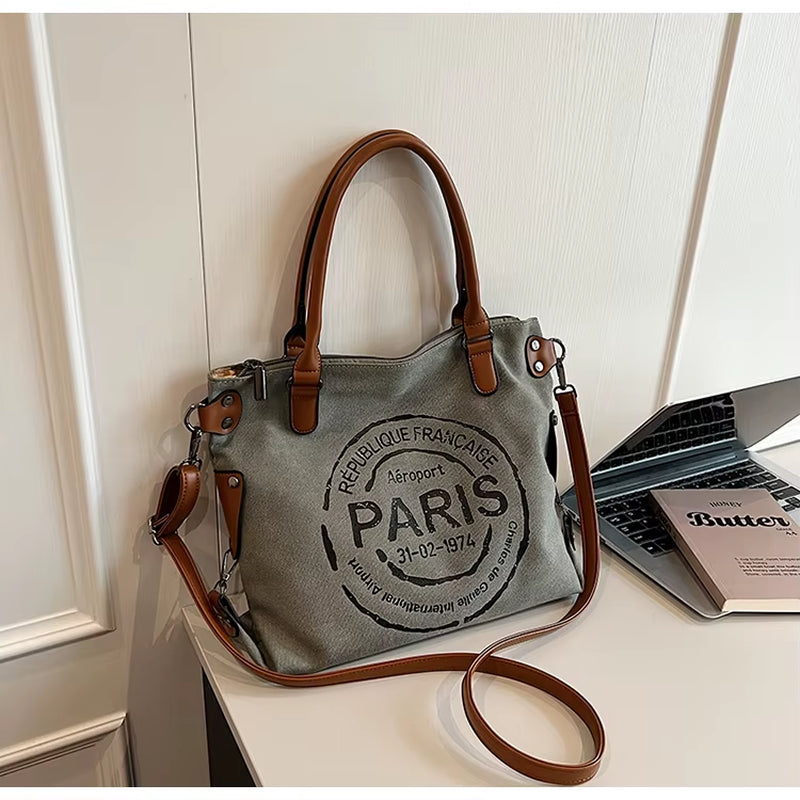 Vintage Paris Stamp Print Shoulder Bag – Women’s Crossbody Handbag with Adjustable Strap