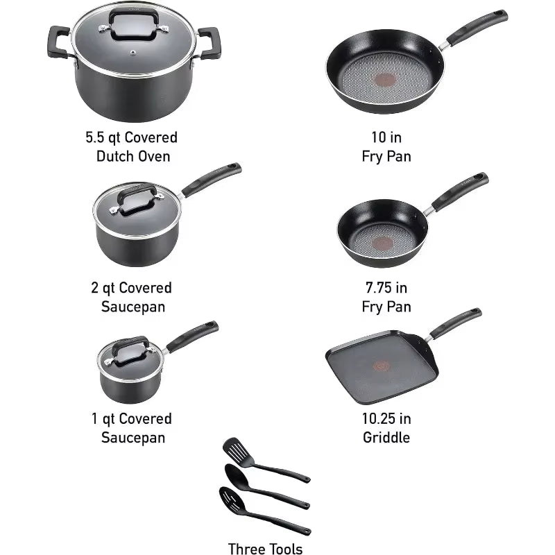T-Fal Signature Nonstick 12-Piece Cookware Set: Oven and Broiler Safe (Up to 350°F), Dishwasher Safe, Black