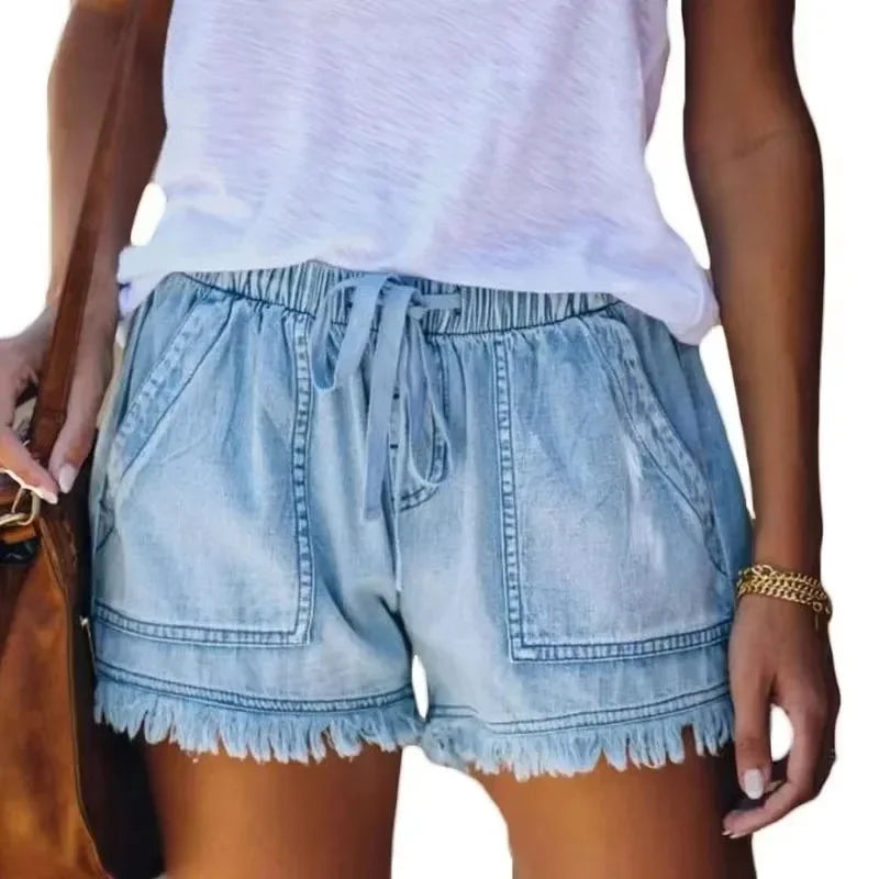High Waist Elastic Waist Casual Slim Shorts Jeans for Summer