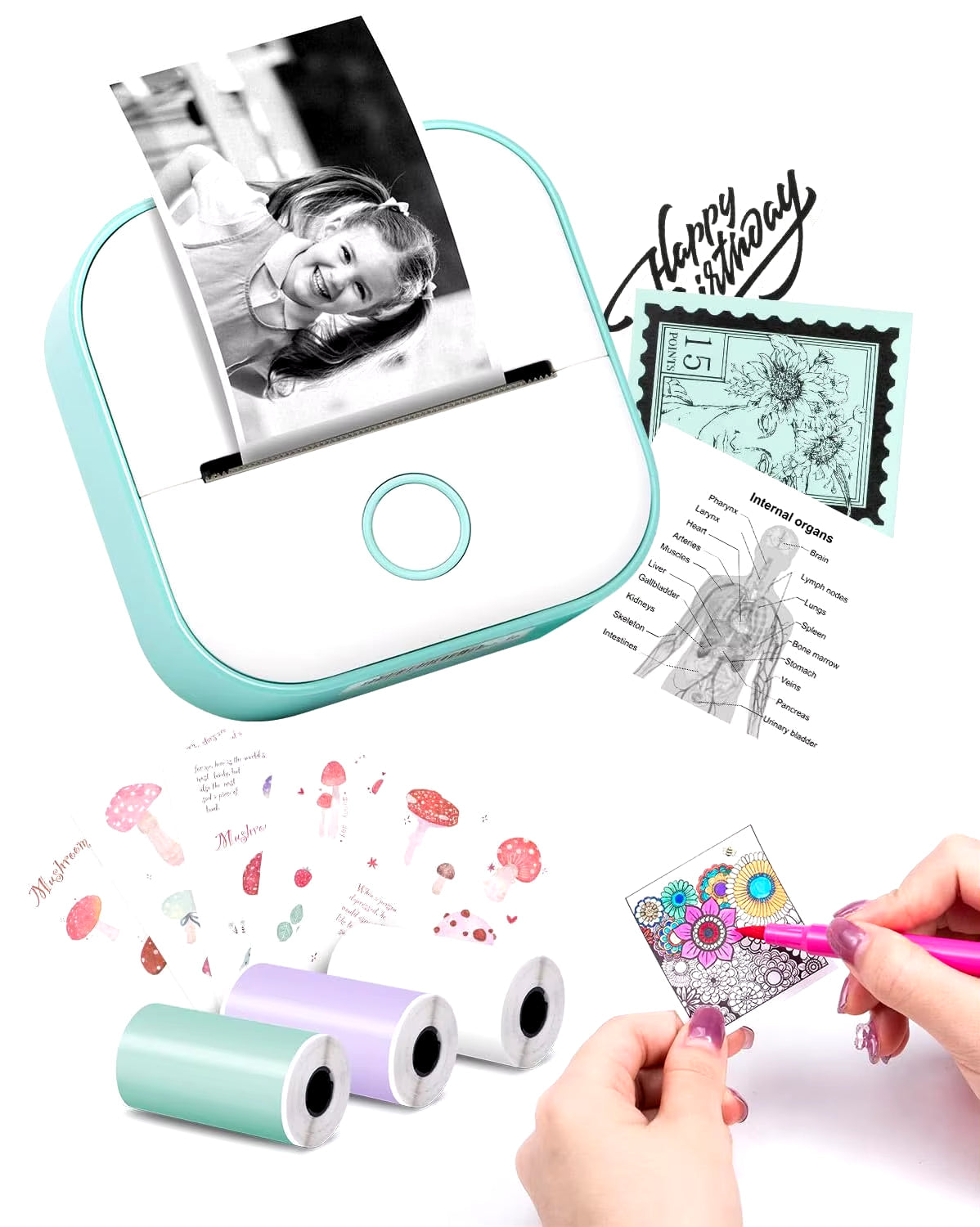 T02 Mini Portable Printer: Compact Sticker Printer with 3 Rolls of Paper for Photos, Journals, and DIY Projects