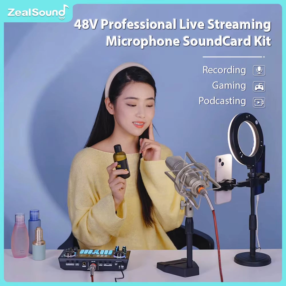 Professional Podcast Live Soundcard Equipment Bundle with 48V XLR Microphone