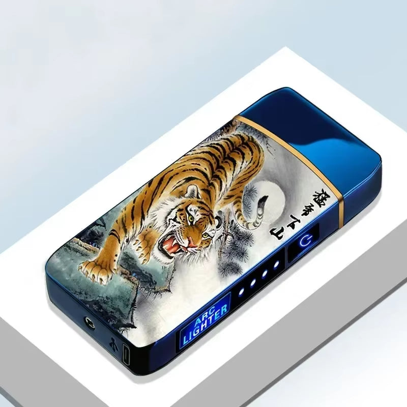 Windproof Electric Metal Lighter: Double Arc Flameless Plasma Lighter with USB Rechargeable LED Power Display and Touch Sensor
