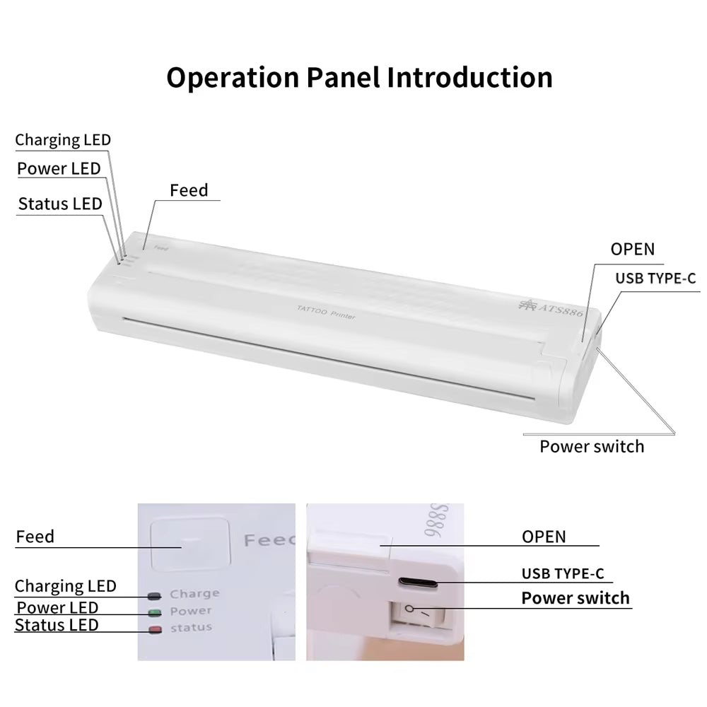 Tattoo Stencil Transfer Printer ATS886 - Portable Thermal Stencil Maker for Line Photo Drawing and Printing