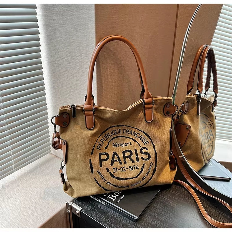Vintage Paris Stamp Print Shoulder Bag – Women’s Crossbody Handbag with Adjustable Strap
