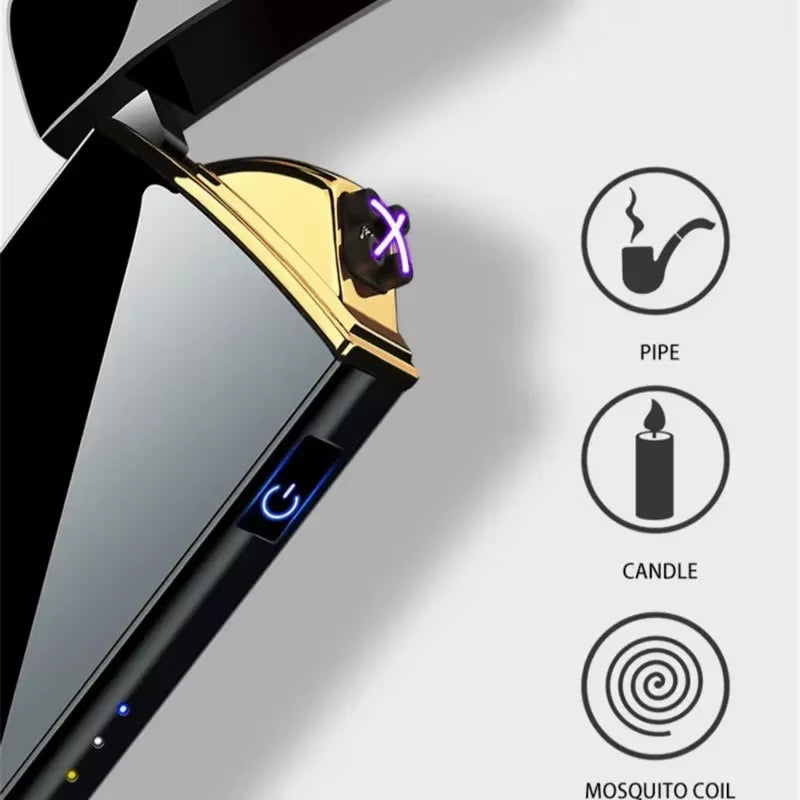 Windproof Electric Metal Lighter: Double Arc Flameless Plasma Lighter with USB Rechargeable LED Power Display and Touch Sensor
