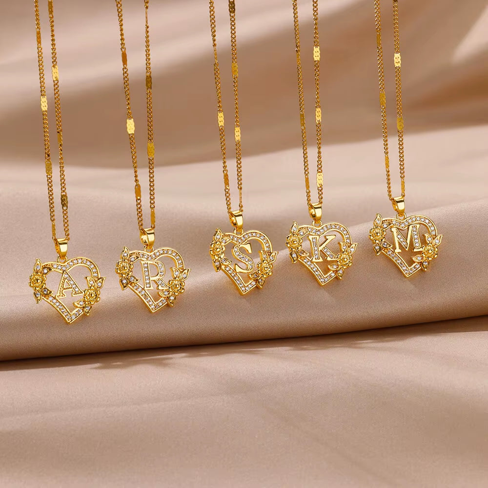 Zircon Flower Heart Initial Necklace β Gold Color Stainless Steel Letter Pendant Chain for Women