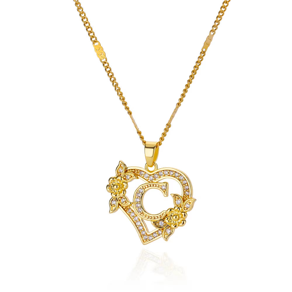 Zircon Flower Heart Initial Necklace β Gold Color Stainless Steel Letter Pendant Chain for Women