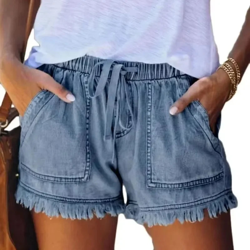 High Waist Elastic Waist Casual Slim Shorts Jeans for Summer