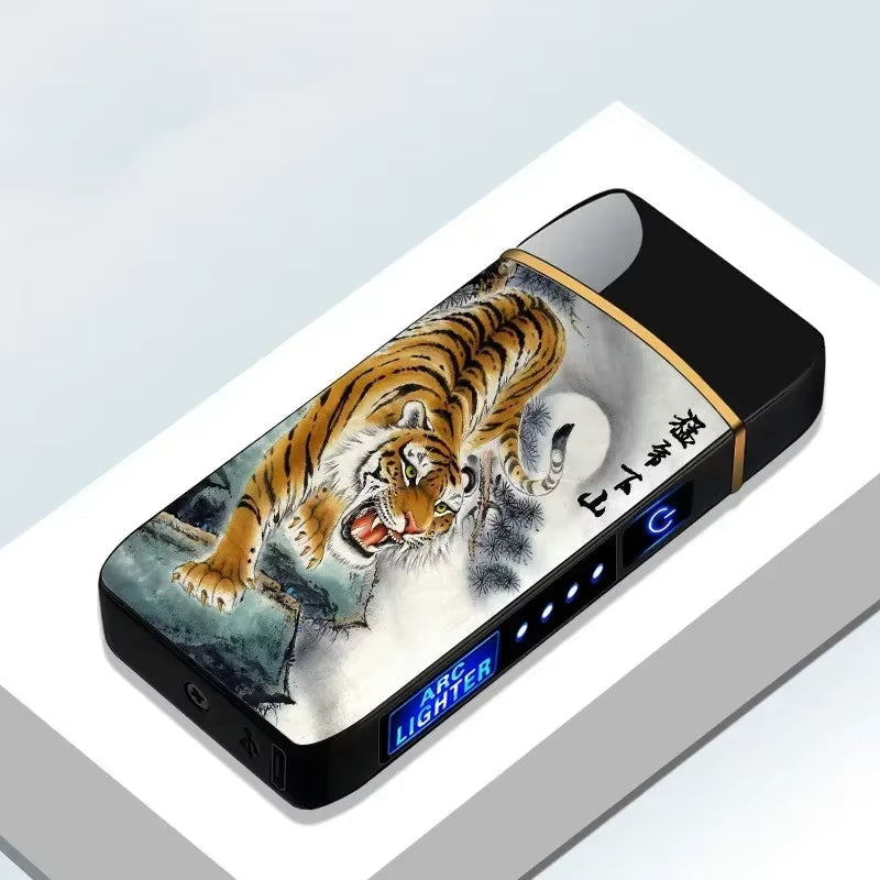 Windproof Electric Metal Lighter: Double Arc Flameless Plasma Lighter with USB Rechargeable LED Power Display and Touch Sensor