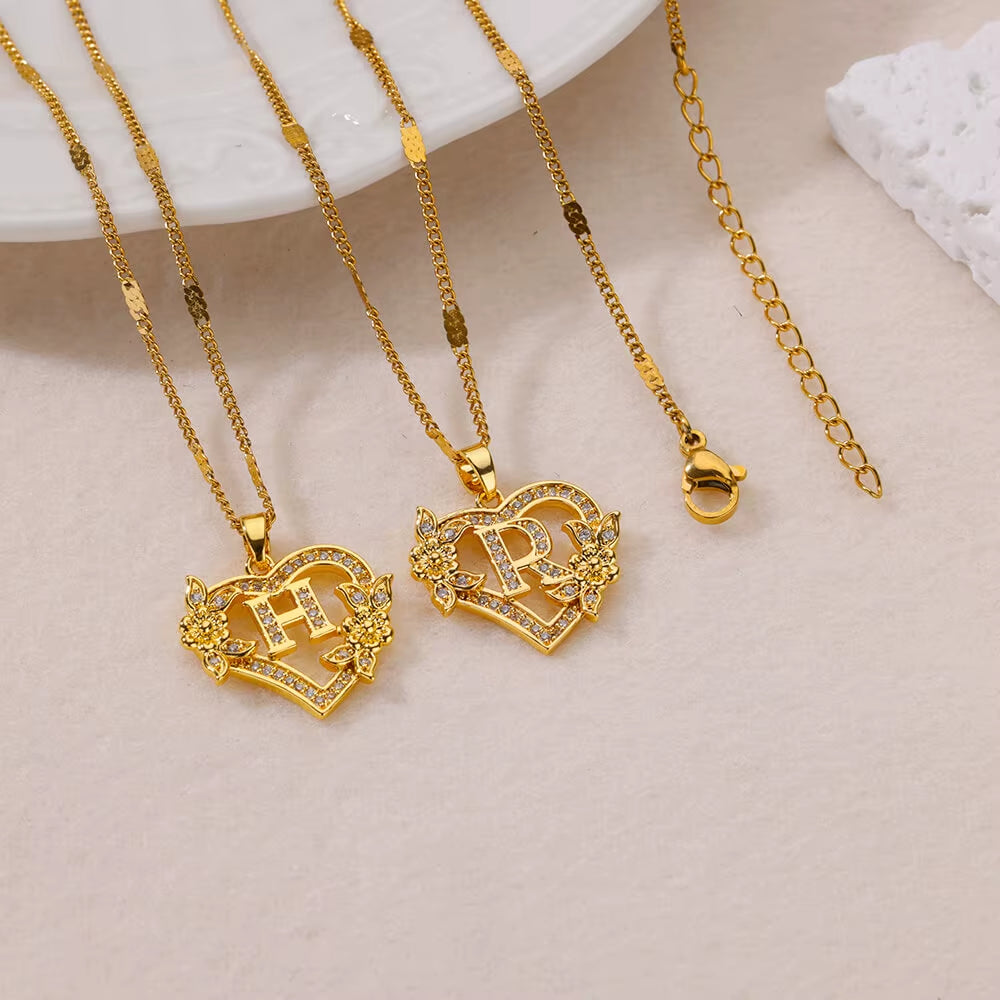 Zircon Flower Heart Initial Necklace β Gold Color Stainless Steel Letter Pendant Chain for Women
