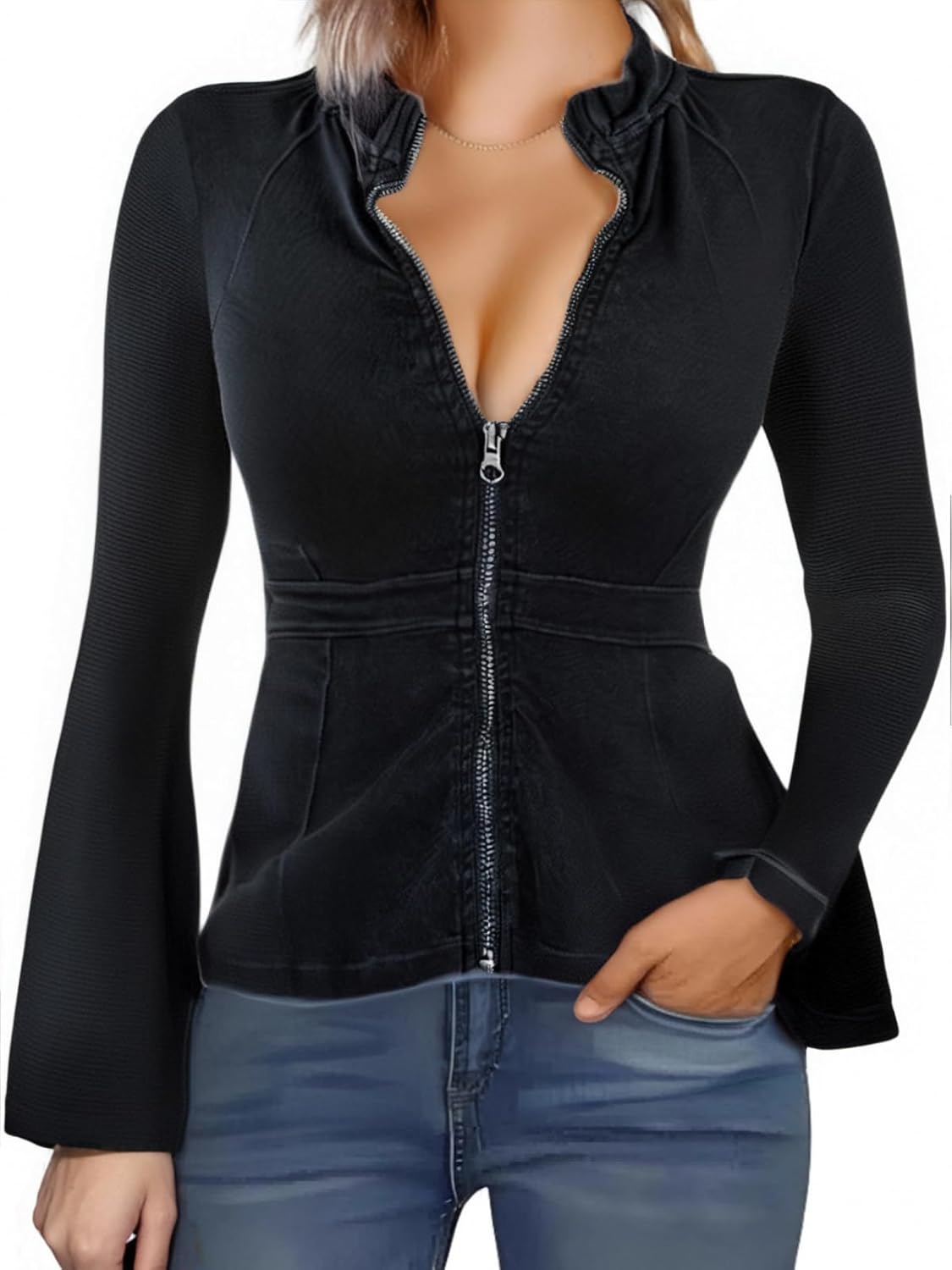 Casual Denim Peplum Jacket for Women – Long Sleeve Zip-Up Ruffle Waist Jacket, Athletic Workout Blazer Coat