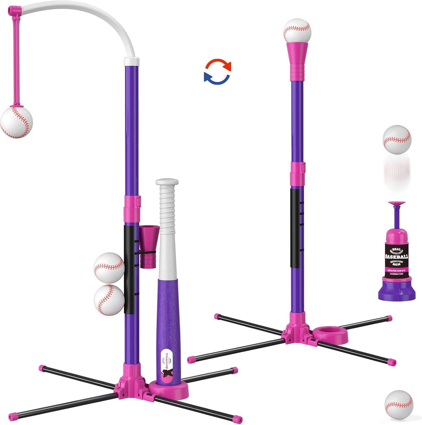Kids 3-in-1 Baseball Set for Toddler Ages 3–5 – Adjustable Tee Ball Stand with Hanging Tee, Ball Launcher, 6 Softballs for Boys & Girls