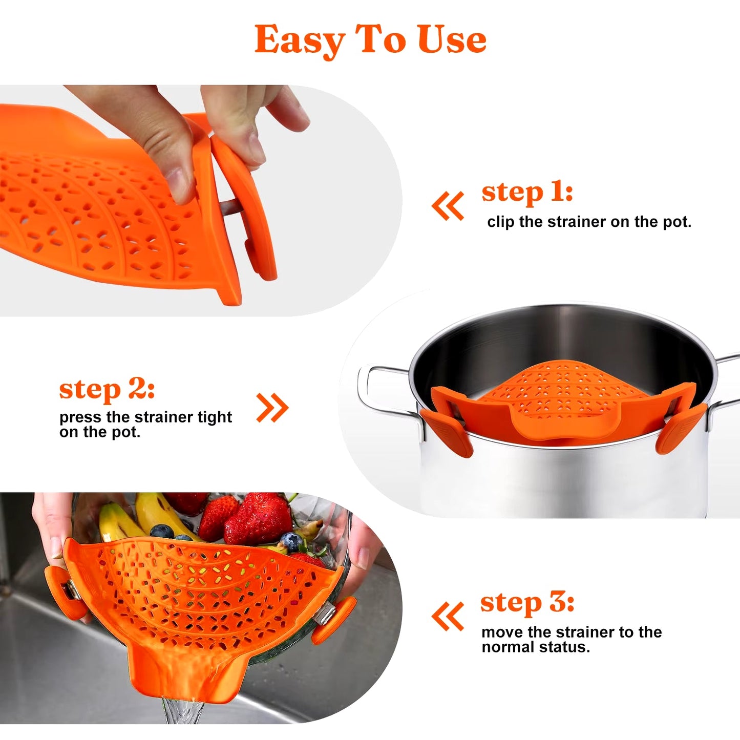 Universal Silicone Clip-On Pan Pot Strainer: Anti-Spill, Food-Grade Colander for Pasta, Fruits, and Vegetables