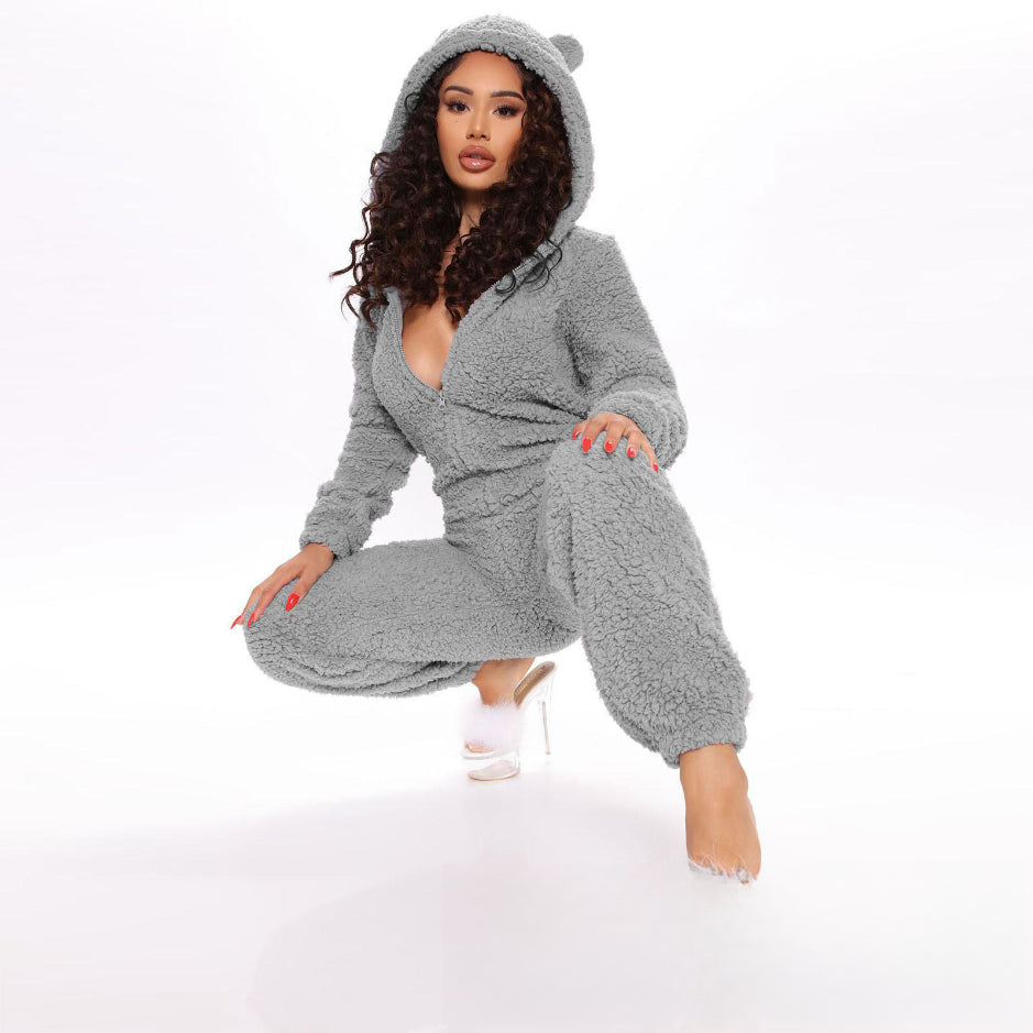 Women's Autumn and Winter Plush One-Piece Pajamas