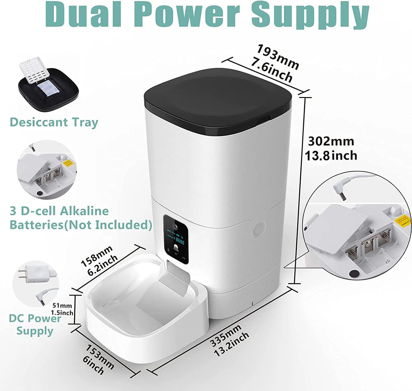 Automatic 6L Pet Feeder for Cats and Dogs with 1080P Camera, App Control, Voice Recorder, Timed Feeding, Dual Power Supply, and WiFi Connectivity