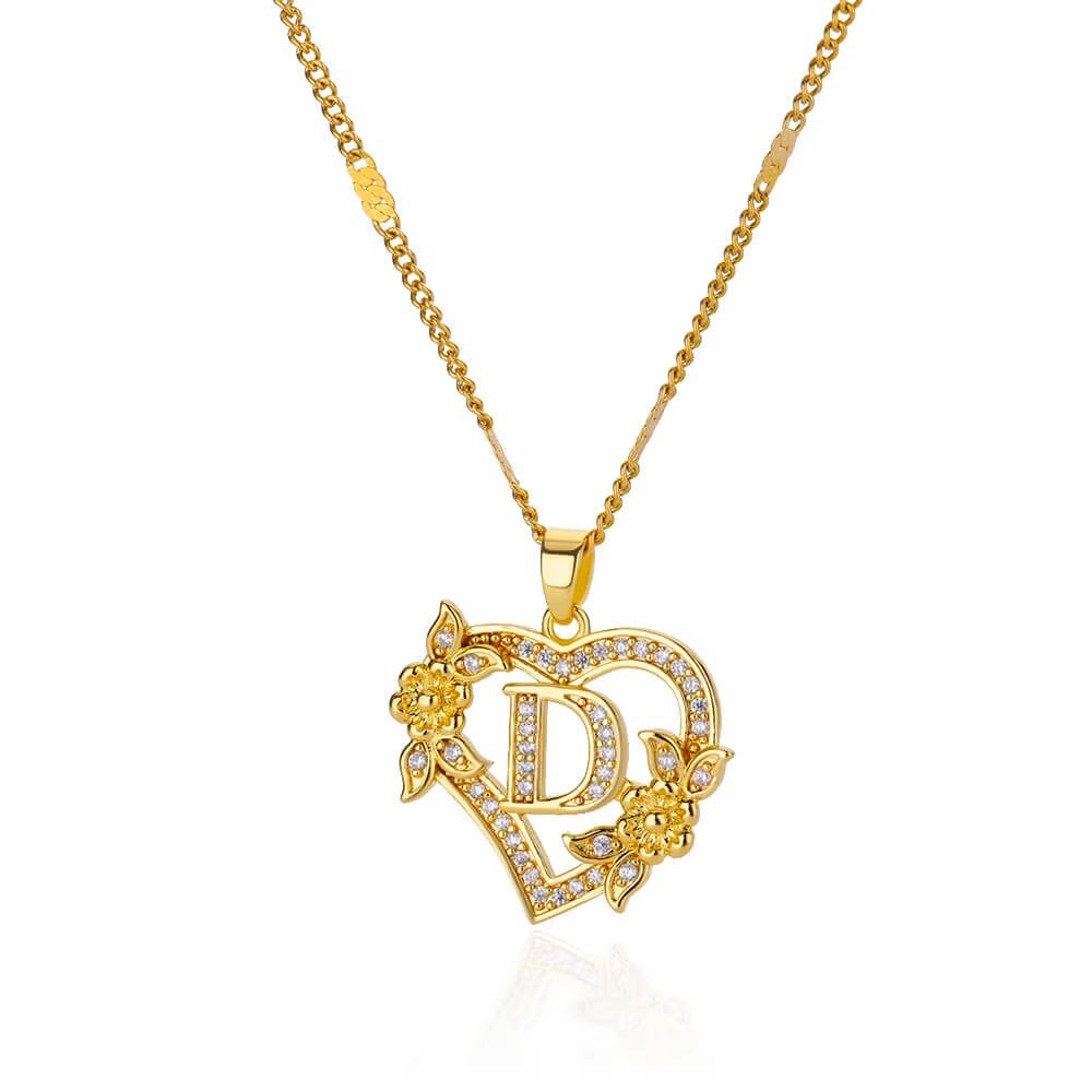 Zircon Flower Heart Initial Necklace β Gold Color Stainless Steel Letter Pendant Chain for Women