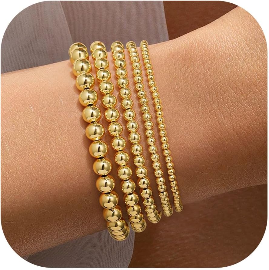 Yoosteel Gold Beaded Bracelets Set – 14K Gold Plated Stackable, Non-Tarnish Dainty Bead, Pearl & Cross Stackable Bracelets Jewelry for Women & Teen Girls