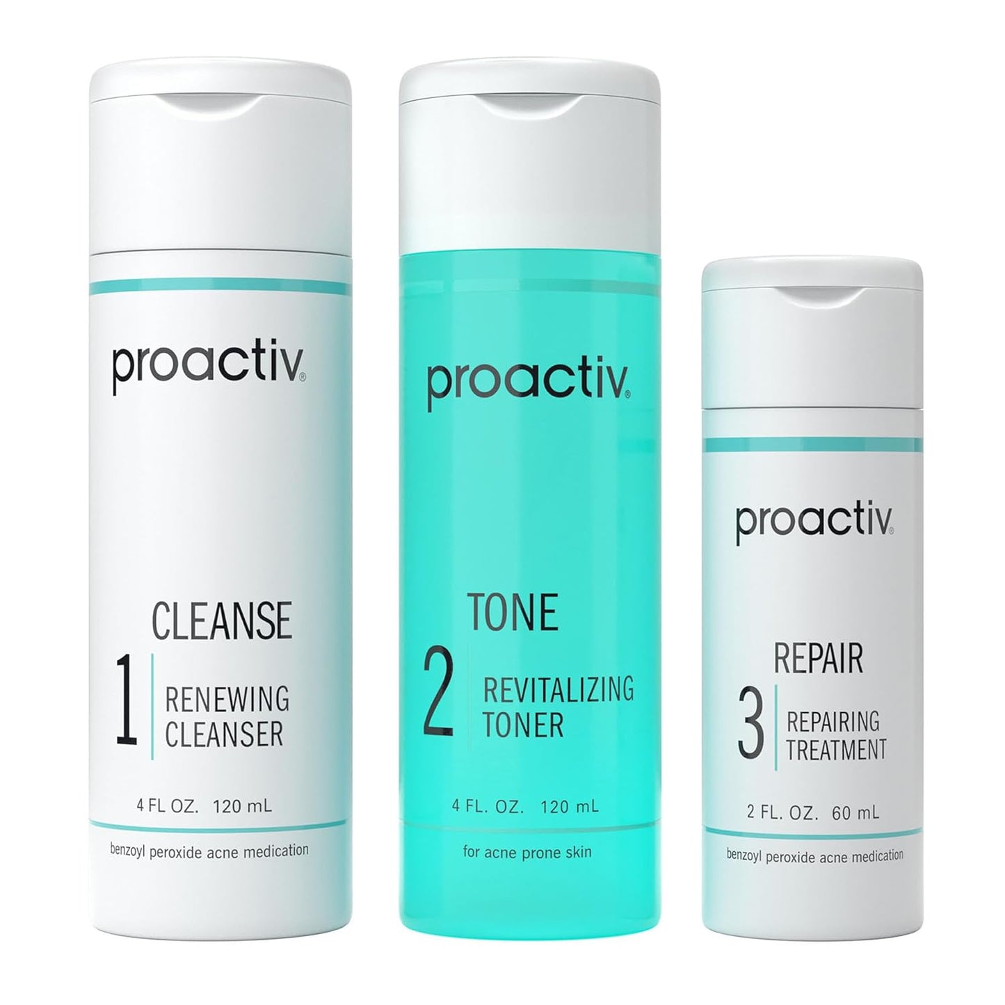 Proactiv 3-Step Acne Treatment – Benzoyl Peroxide Face Wash, Exfoliating Toner, Acne Spot Treatment & Repairing Spot Treatment for Face & Body | Complete 30-Day Kit