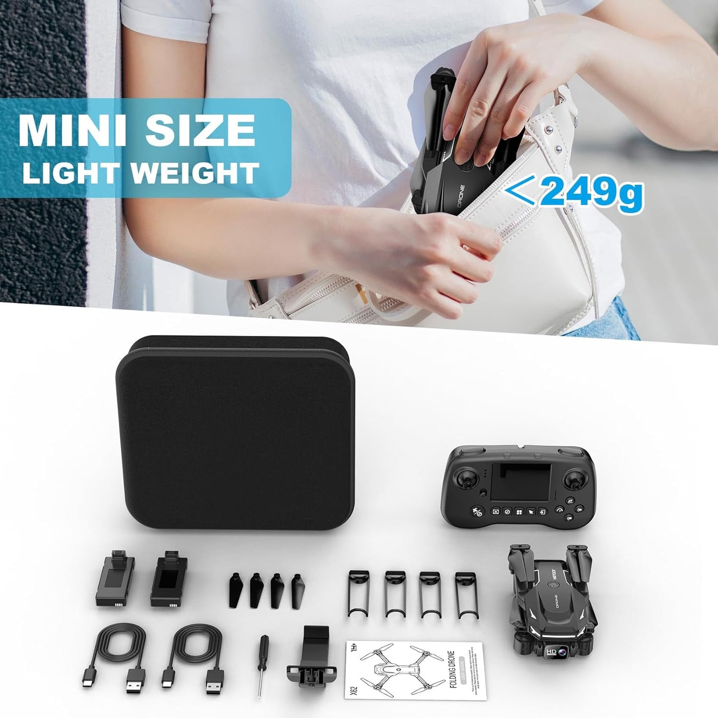 Beginner Drone with Camera & Screen Controller – Foldable Remote Control Quadcopter with Gesture Control, 3D Flip, One-Key Start, Emergency Stop, Dual Batteries