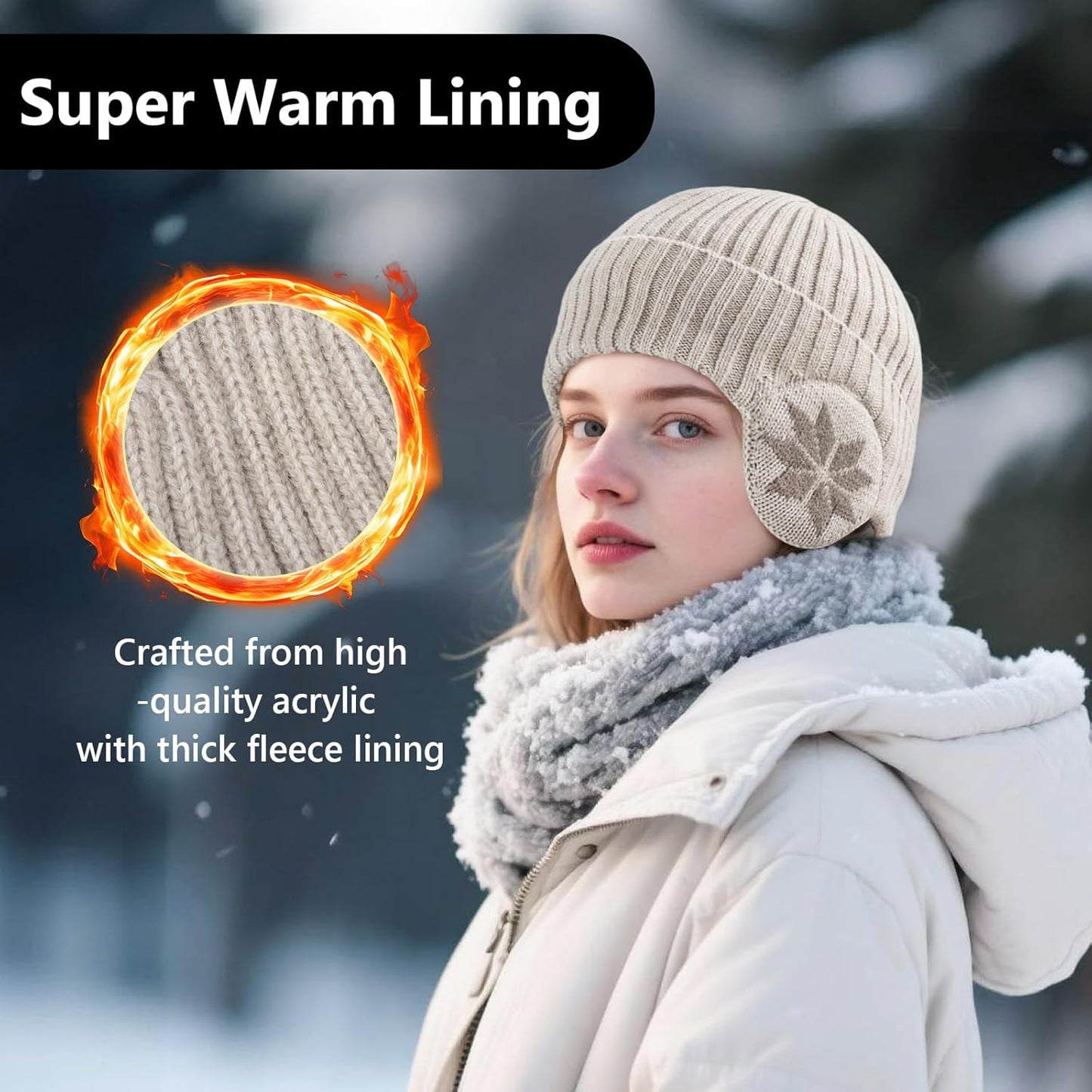 Winter Beanie Hat with Ear Flaps – Fleece-Lined Knit Skull Cap for Men & Women, Warm Windproof Outdoor Hat