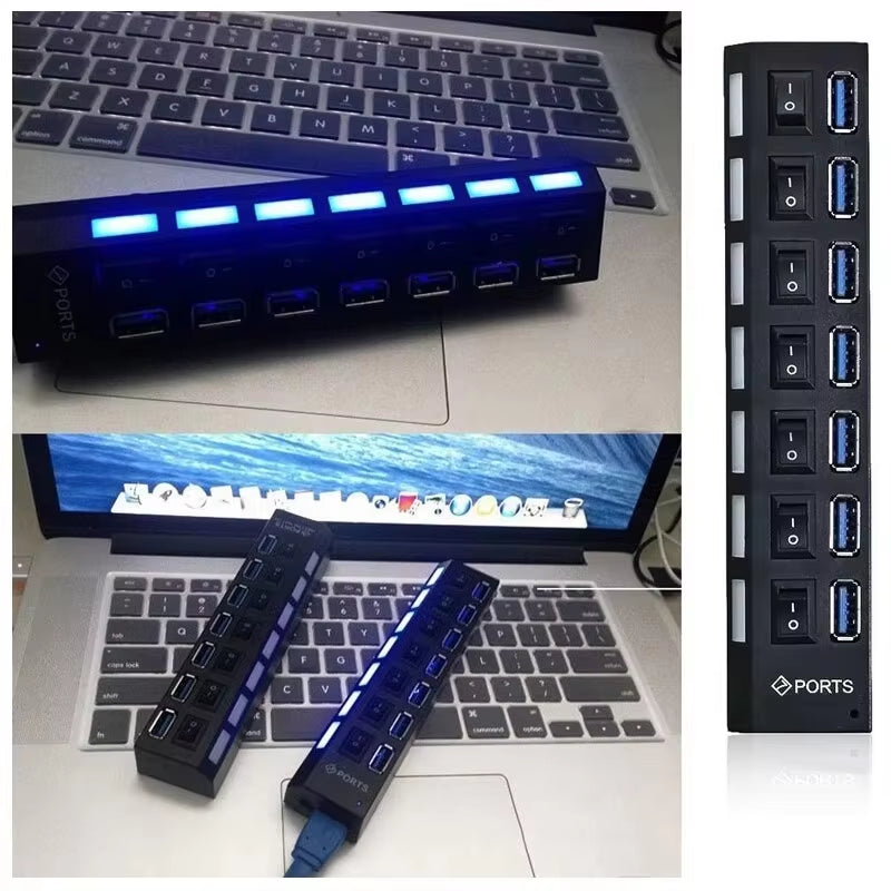 USB 2.0 Hub: 7-Port Switch Extension Hub for PC, Laptop, and Desktop