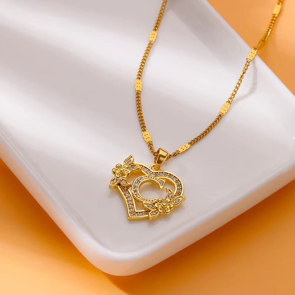 Zircon Flower Heart Initial Necklace β Gold Color Stainless Steel Letter Pendant Chain for Women