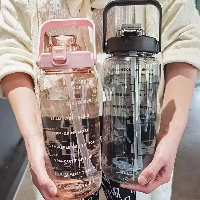 2000mL Sports Drinking Bottle with Time Marker: Large Capacity Fitness Water Bottle for Men and Women