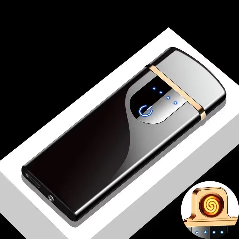 Windproof Electric Metal Lighter: Double Arc Flameless Plasma Lighter with USB Rechargeable LED Power Display and Touch Sensor
