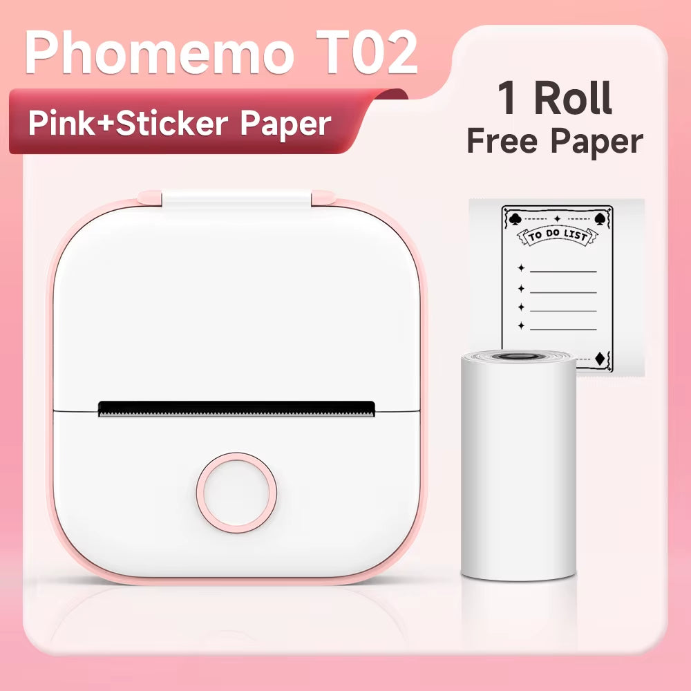 T02 Mini Portable Printer: Compact Sticker Printer with 3 Rolls of Paper for Photos, Journals, and DIY Projects