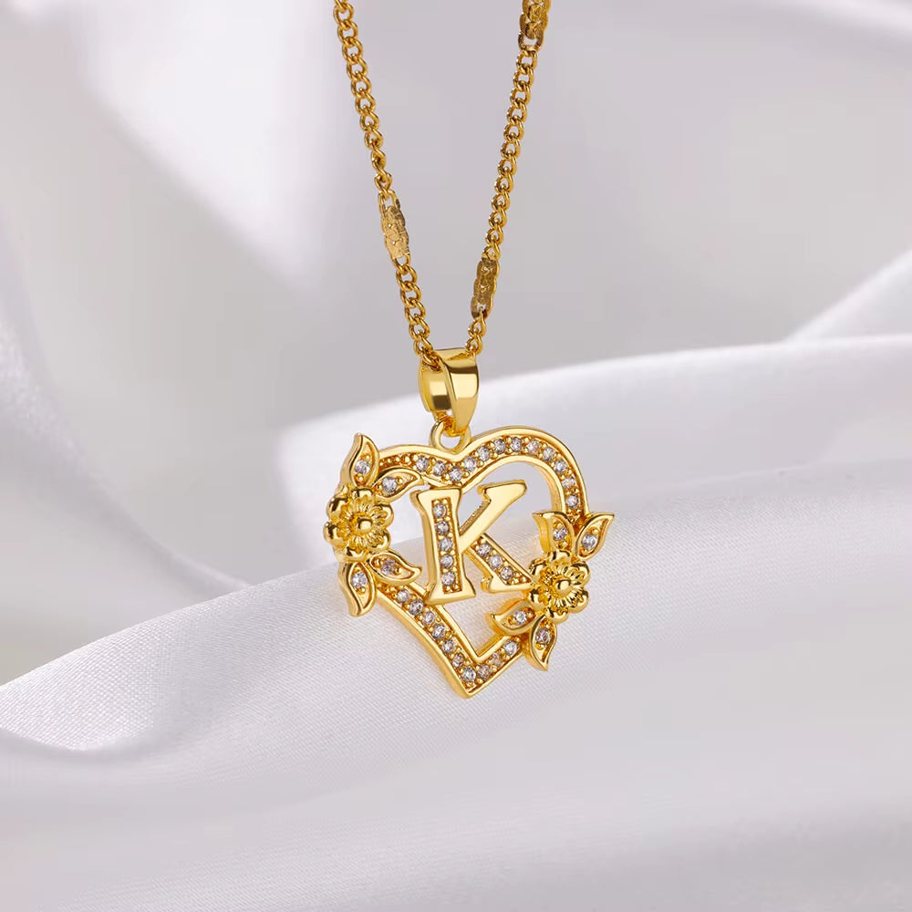 Zircon Flower Heart Initial Necklace β Gold Color Stainless Steel Letter Pendant Chain for Women