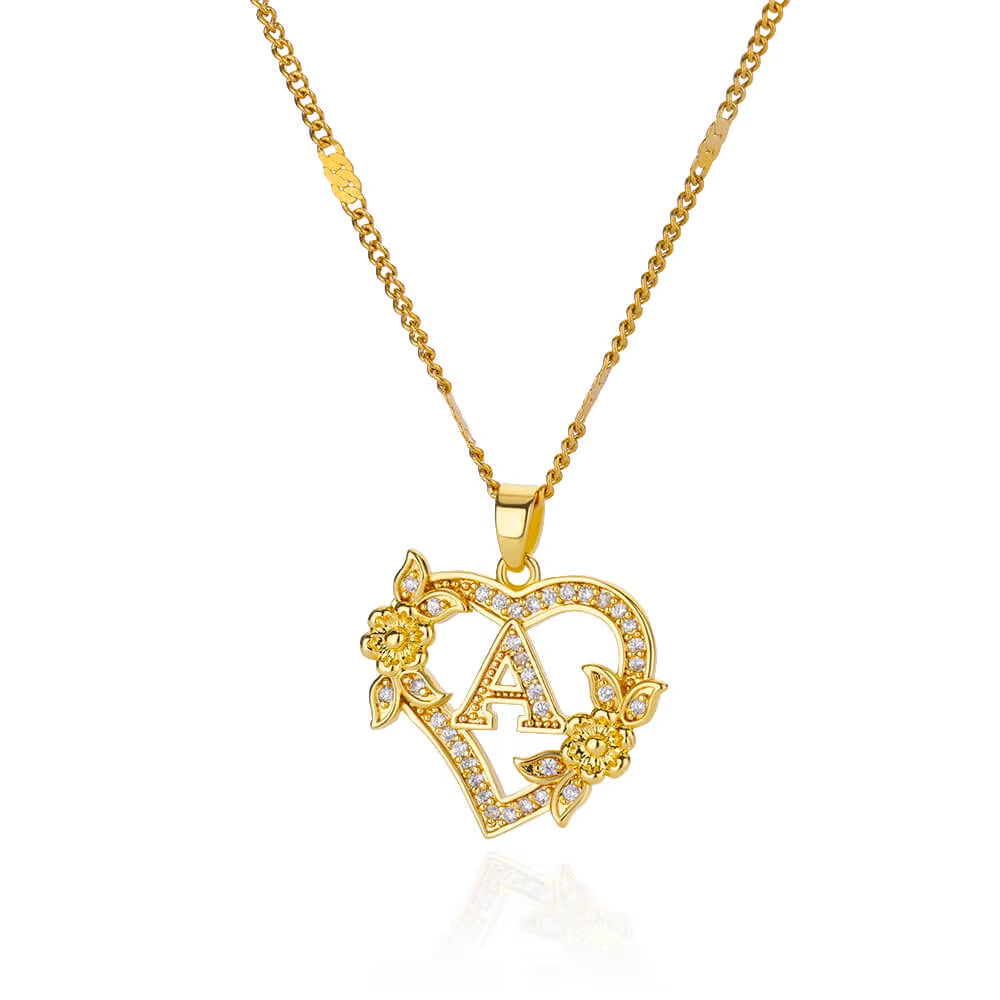 Zircon Flower Heart Initial Necklace β Gold Color Stainless Steel Letter Pendant Chain for Women