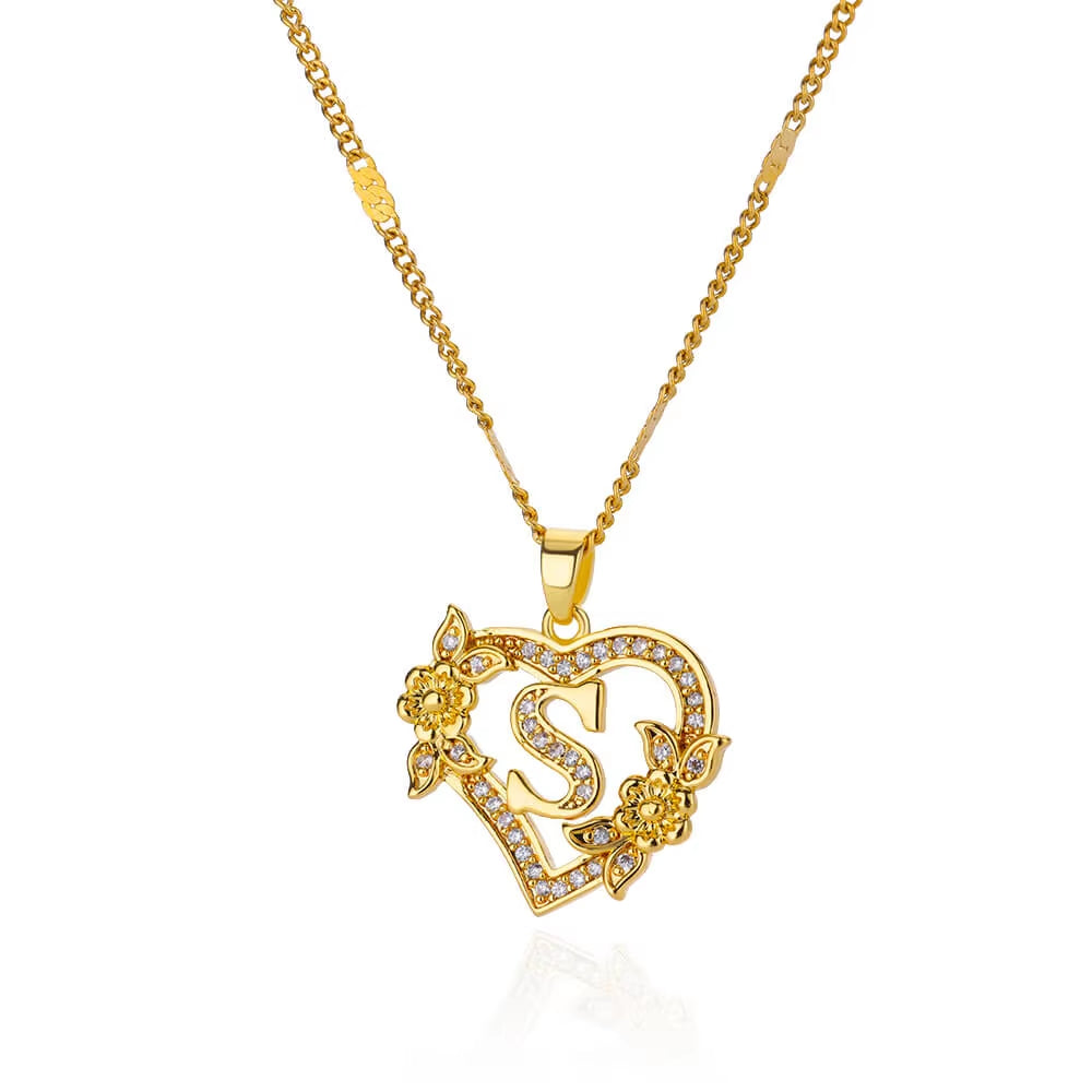Zircon Flower Heart Initial Necklace β Gold Color Stainless Steel Letter Pendant Chain for Women