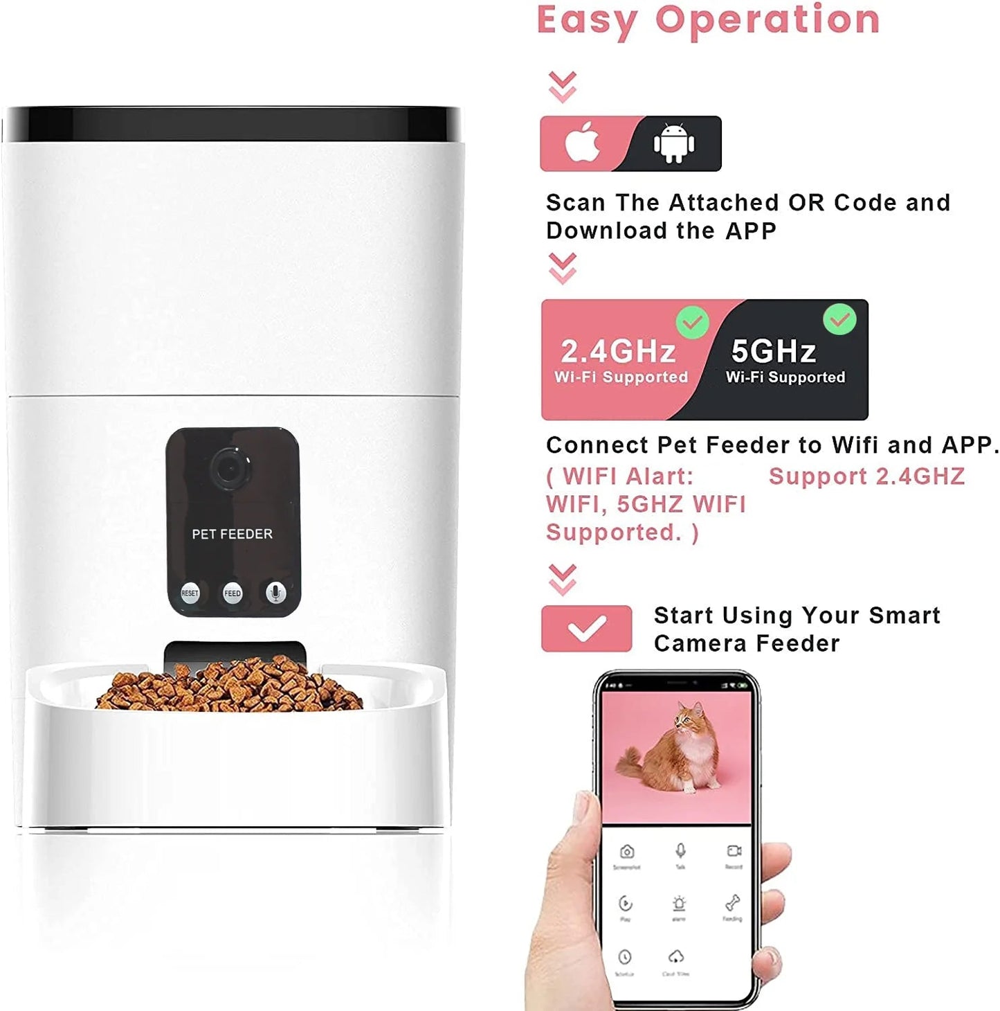 Automatic 6L Pet Feeder for Cats and Dogs with 1080P Camera, App Control, Voice Recorder, Timed Feeding, Dual Power Supply, and WiFi Connectivity