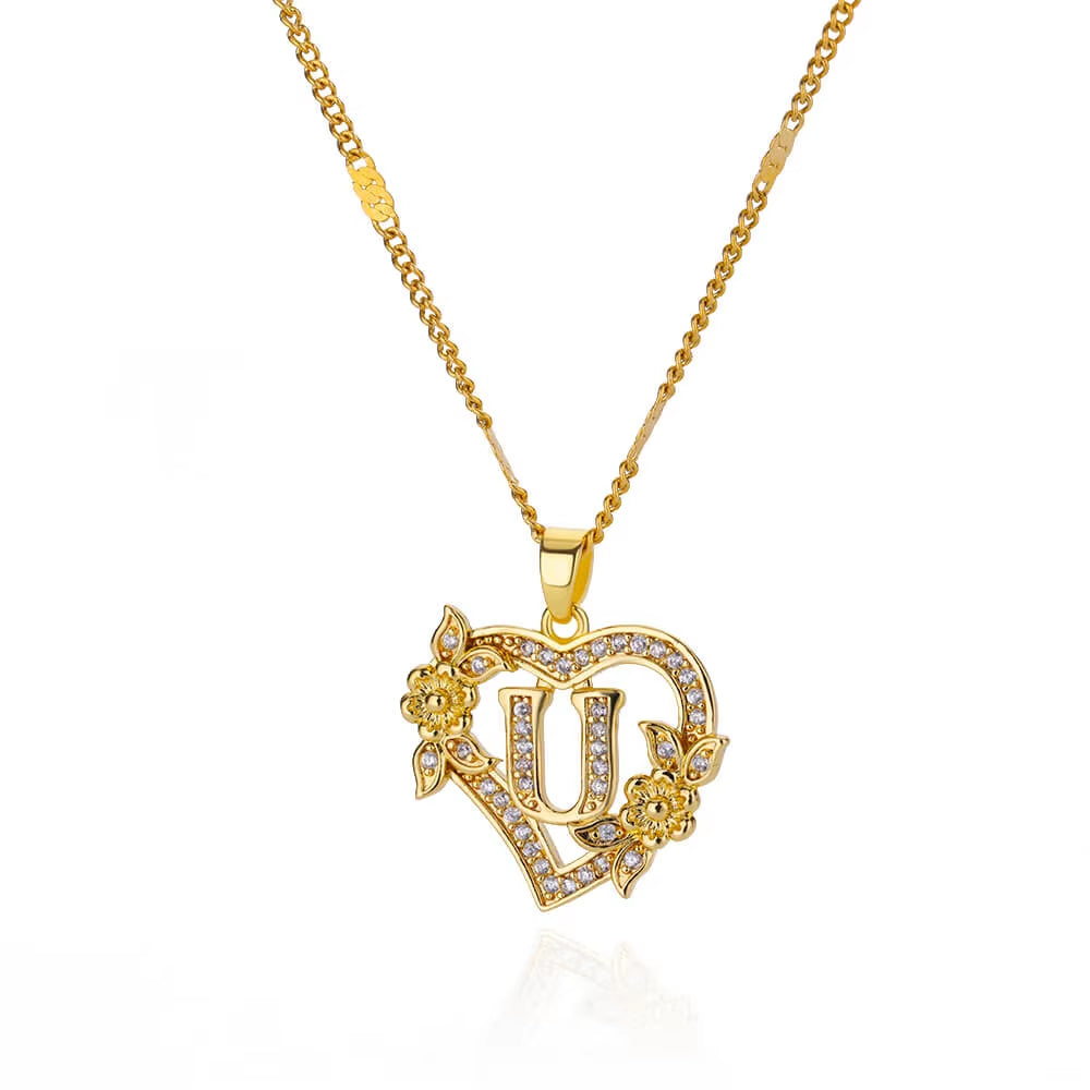 Zircon Flower Heart Initial Necklace β Gold Color Stainless Steel Letter Pendant Chain for Women