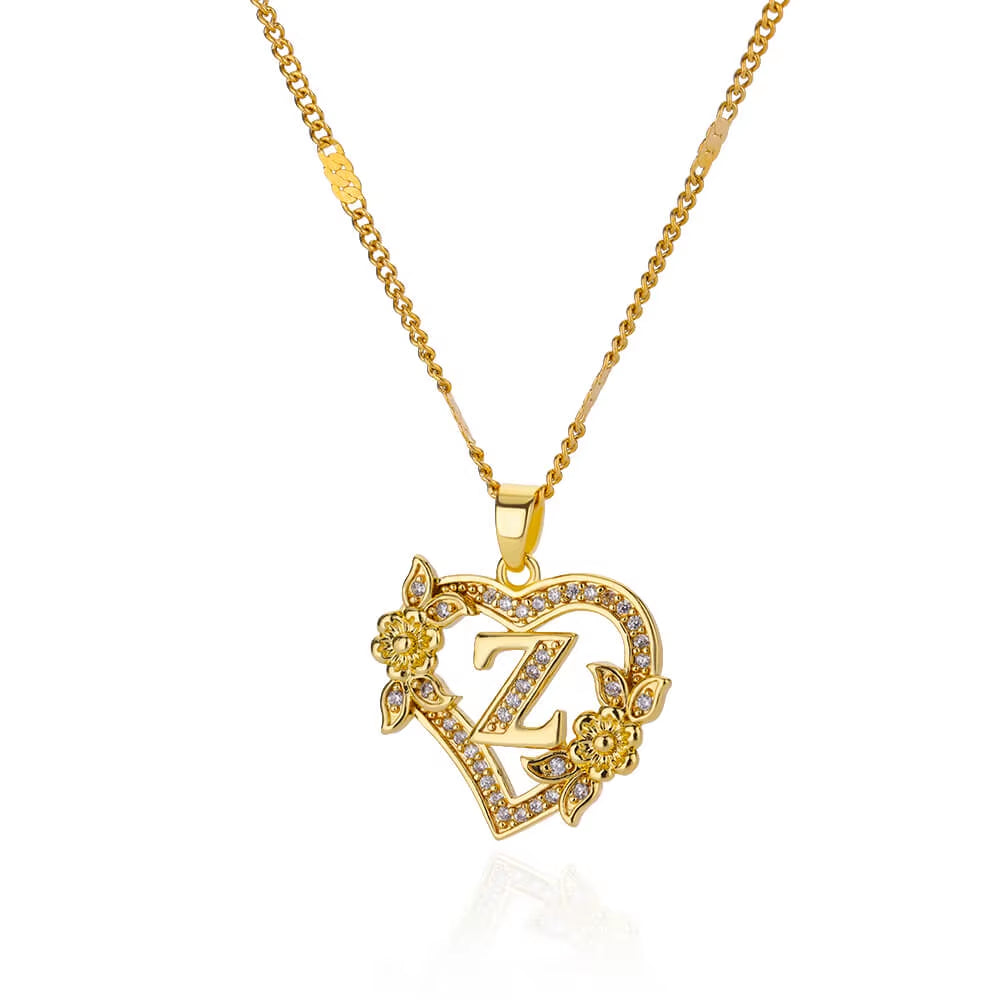 Zircon Flower Heart Initial Necklace β Gold Color Stainless Steel Letter Pendant Chain for Women
