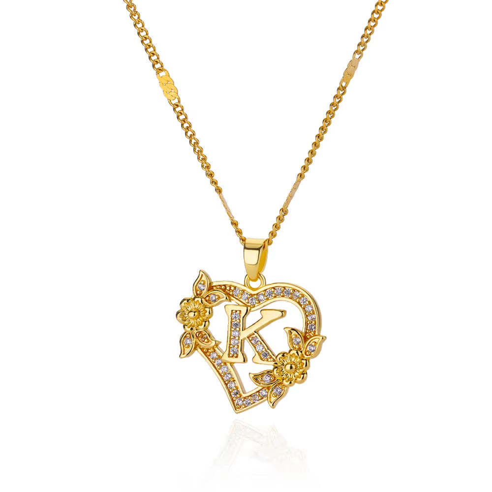 Zircon Flower Heart Initial Necklace β Gold Color Stainless Steel Letter Pendant Chain for Women