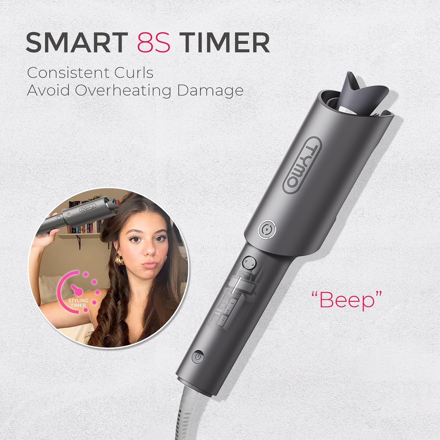 TYMO CURLPRO Automatic Rotating Curling Iron – 1 Inch Beach Wave Hair Curler Wand with 500M Ionic Technology, Ceramic Coating, Dual Voltage, Lightweight Travel-Friendly Design (Metallic Gray)
