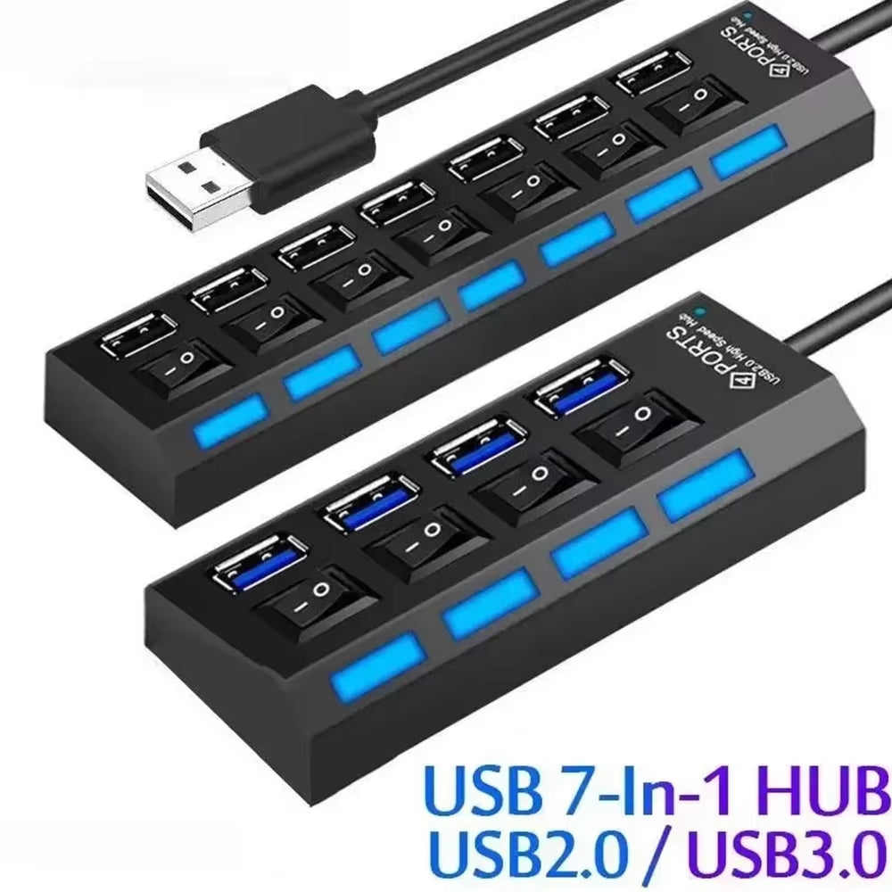 USB 2.0 Hub: 7-Port Switch Extension Hub for PC, Laptop, and Desktop