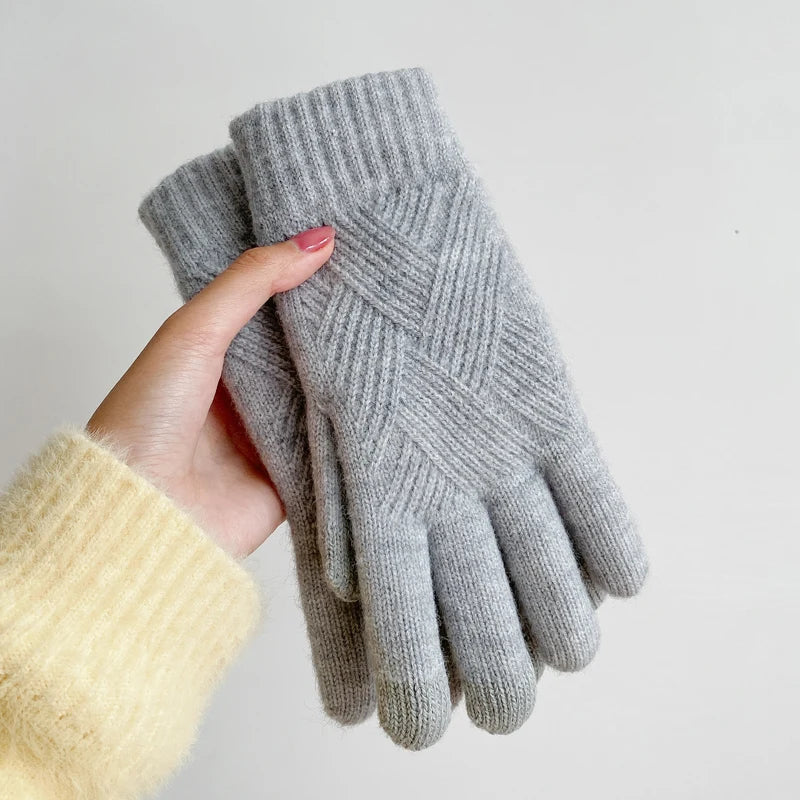 Fashion Cashmere Women Winter Double-Layer Thickening Warm Touch Screen Knitted Woolen Gloves