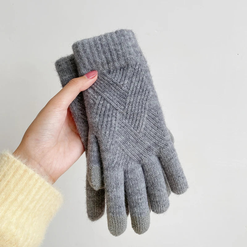 Fashion Cashmere Women Winter Double-Layer Thickening Warm Touch Screen Knitted Woolen Gloves