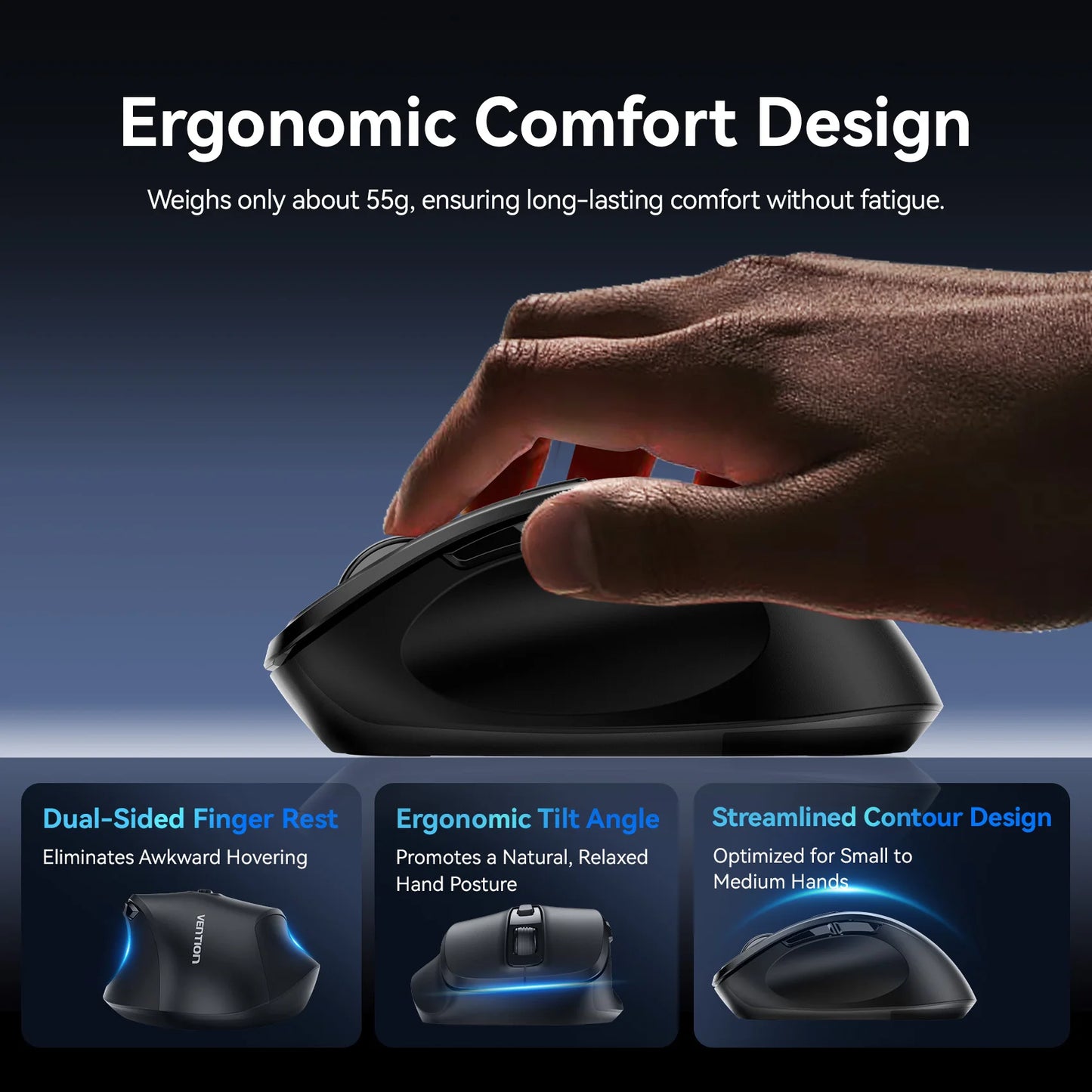 Vention Wireless Mouse – Bluetooth 5.1 & 2.4G Dual-Mode, 4000 DPI, 6-Button Ergonomic Mouse for MacBook, Laptop, Tablet & PC