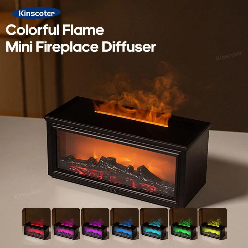 Kinscoter Mini Fireplace Aroma Diffuser – Colorful Flame, 280ml Waterless Humidifier with Auto-Off, Timer & Remote Control