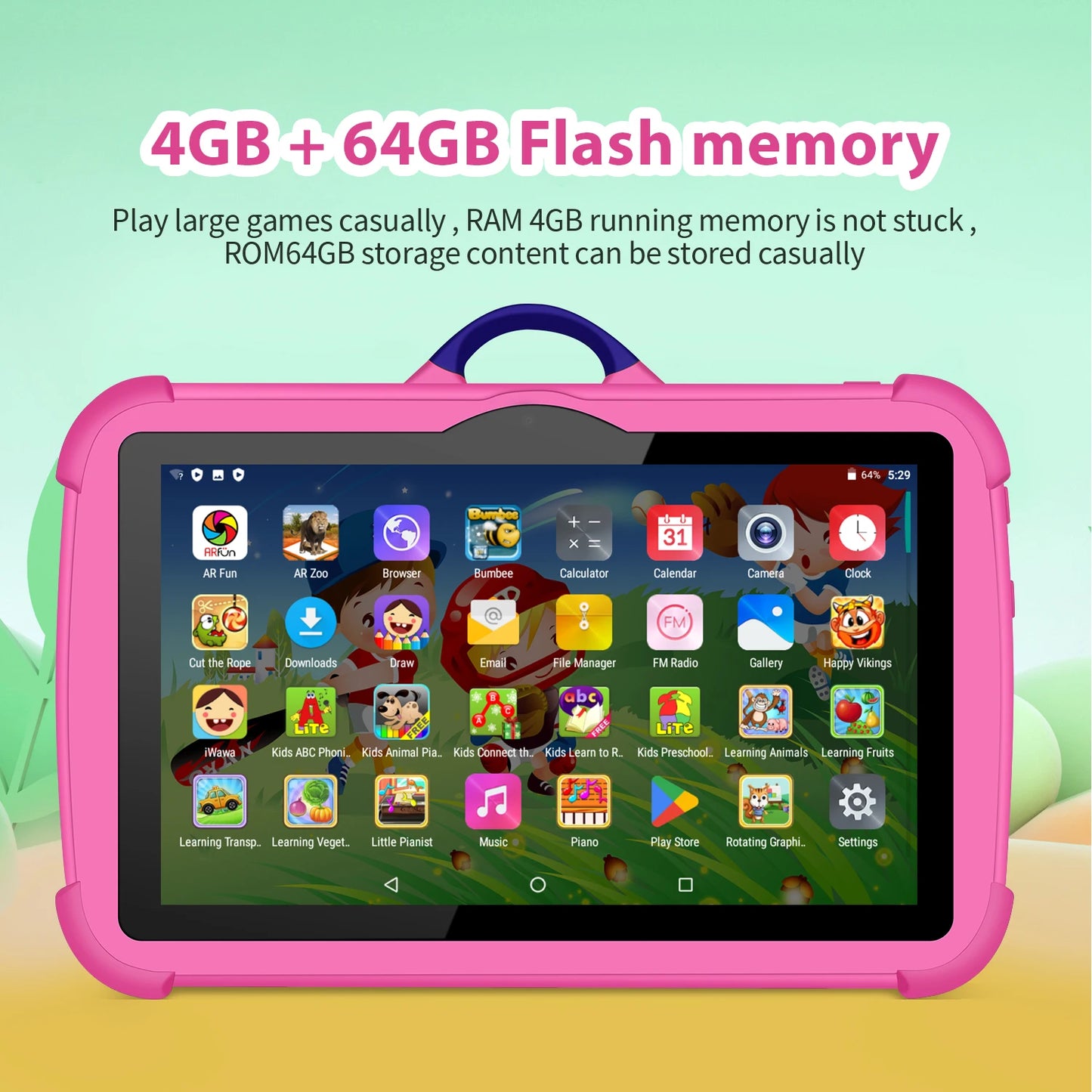 Kids Tablet 7-Inch Android – Quad-Core, 4GB RAM 64GB ROM, Educational Games & Learning Apps, Cartoon Design, Parental Control & Entertainment