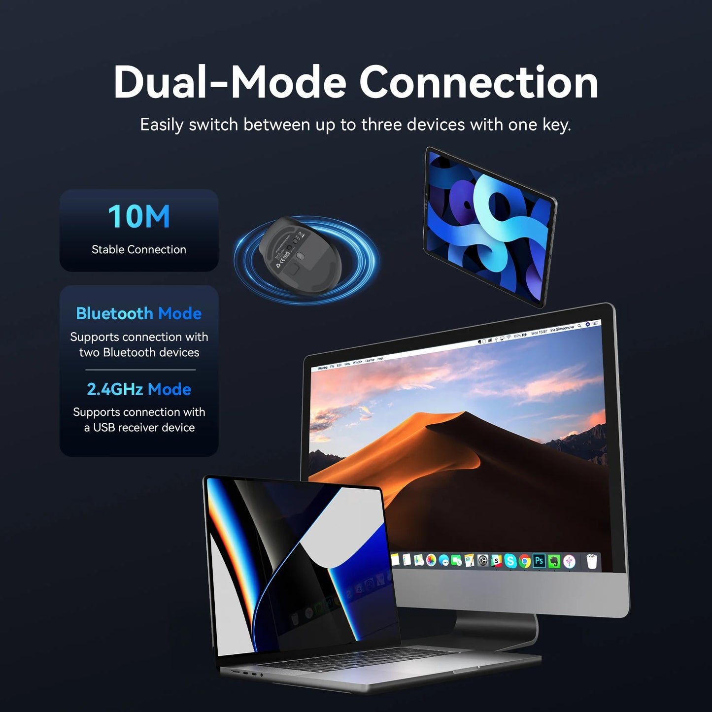 Vention Wireless Mouse – Bluetooth 5.1 & 2.4G Dual-Mode, 4000 DPI, 6-Button Ergonomic Mouse for MacBook, Laptop, Tablet & PC
