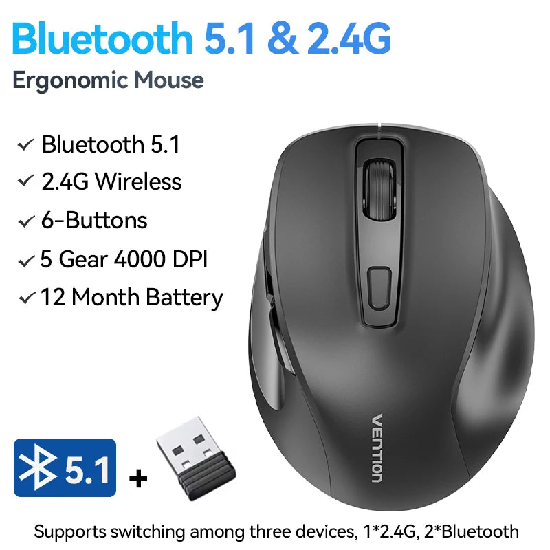 Vention Wireless Mouse – Bluetooth 5.1 & 2.4G Dual-Mode, 4000 DPI, 6-Button Ergonomic Mouse for MacBook, Laptop, Tablet & PC