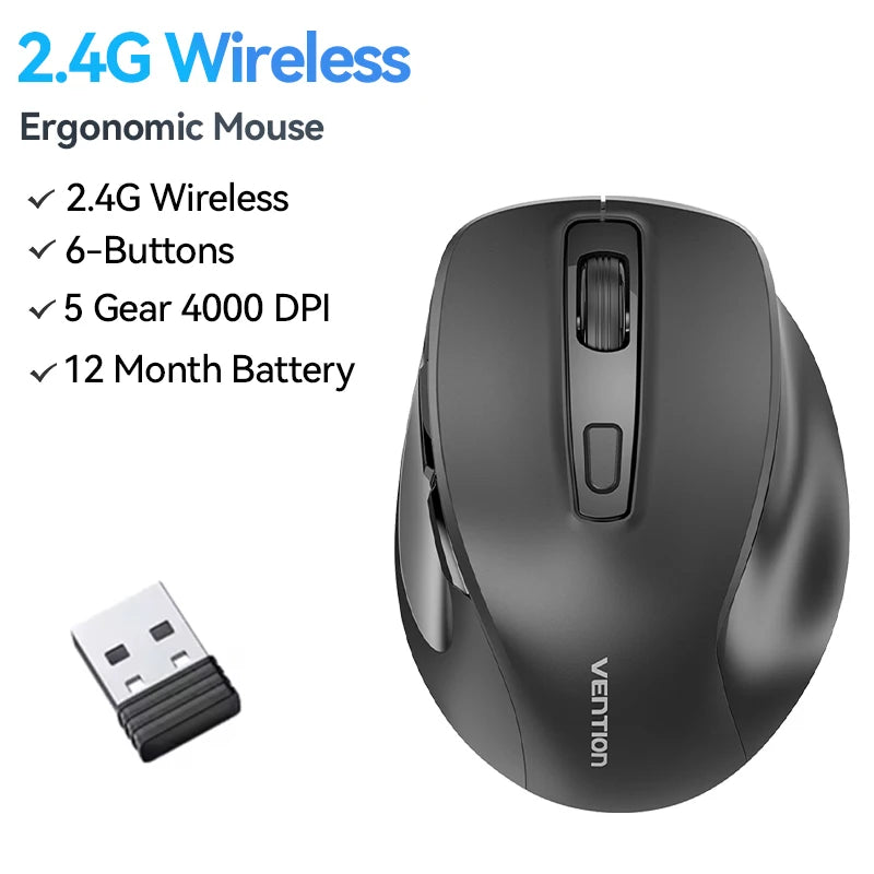 Vention Wireless Mouse – Bluetooth 5.1 & 2.4G Dual-Mode, 4000 DPI, 6-Button Ergonomic Mouse for MacBook, Laptop, Tablet & PC
