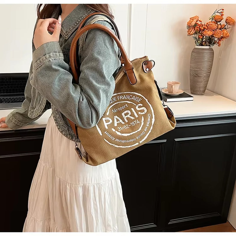 Vintage Paris Stamp Print Shoulder Bag – Women’s Crossbody Handbag with Adjustable Strap
